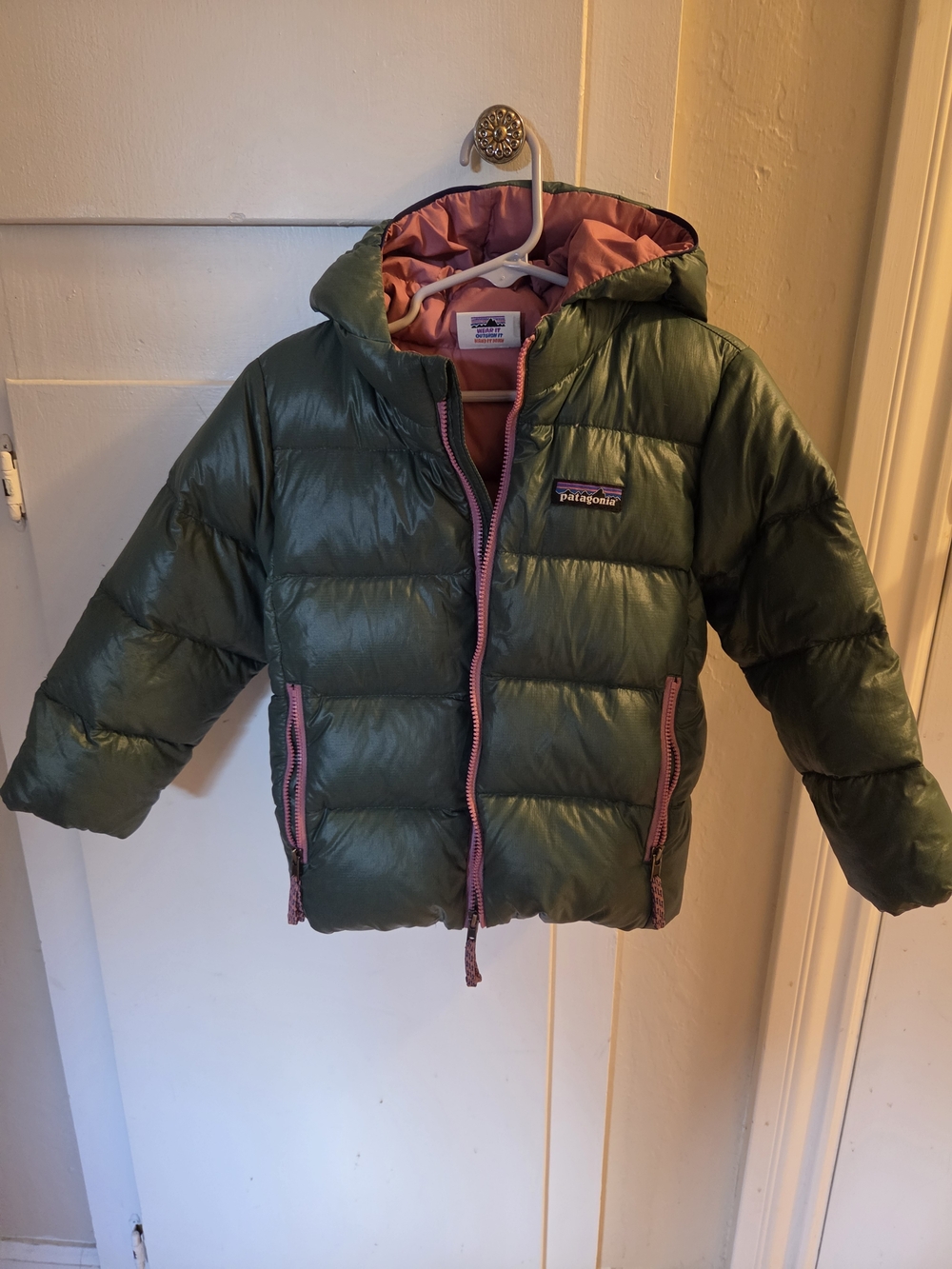 Patagonia Kids Green Puffer Jacket with Pink Trim